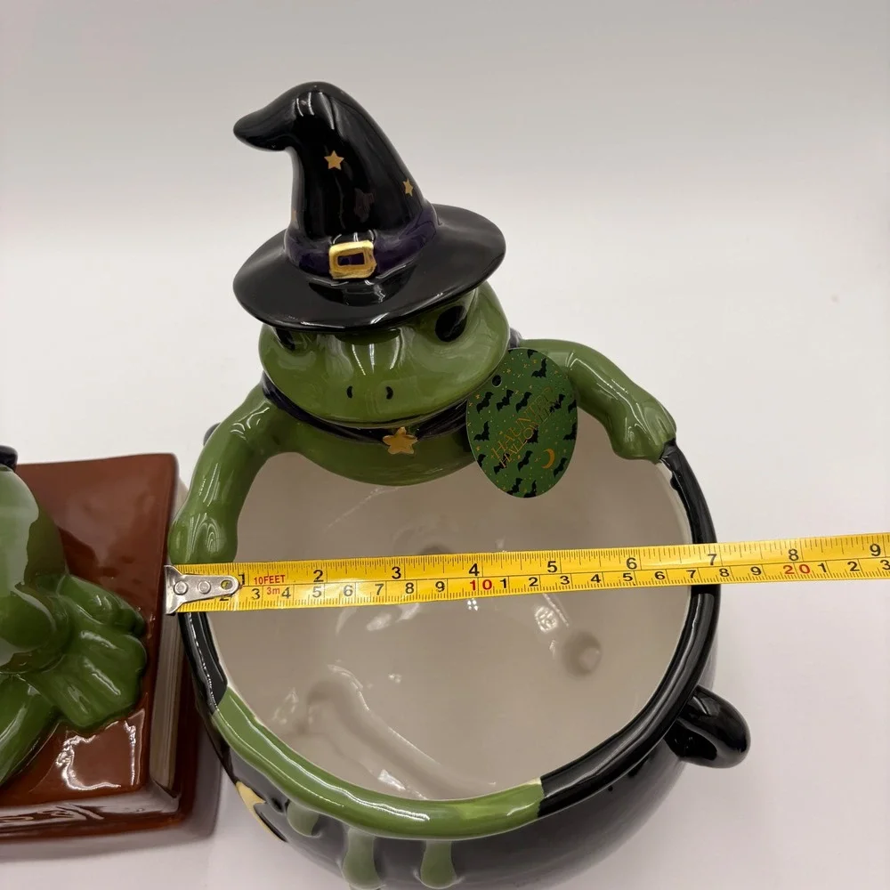Haunted Halloween Ceramic Witch Frog Cookie Jar and Cauldron Candy Dish Set NEW